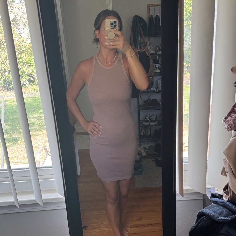 Ribbed Sleeveless Tan Dress